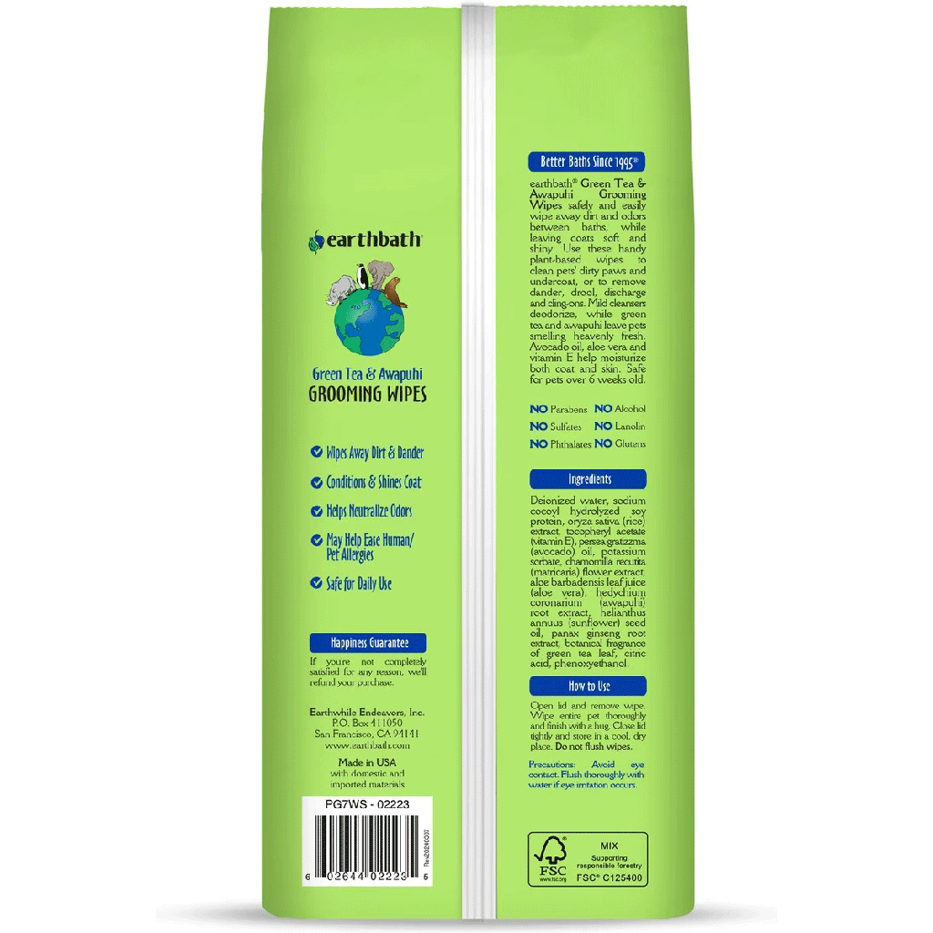 EARTHBATH Grooming Wipes Green Tea & Awapuhi 100ct