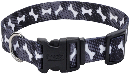 PET ATTIRE Adj Collar 10-14x5/8 Black w/Bones